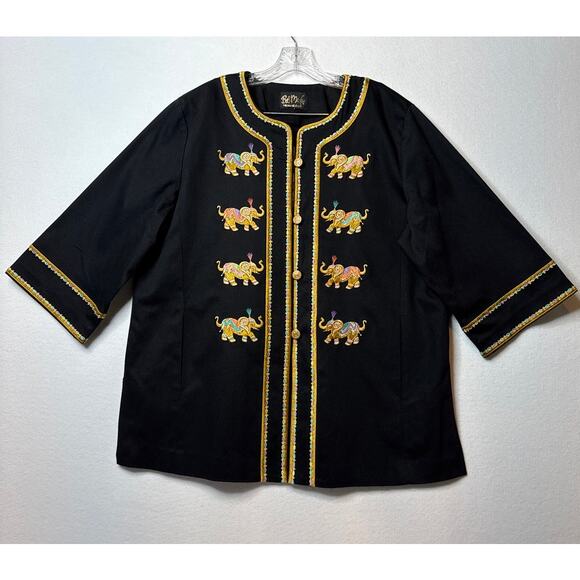 Bob Mackie wearable art black coat embroidered Elephants gold logo buttons large - Picture 4 of 16